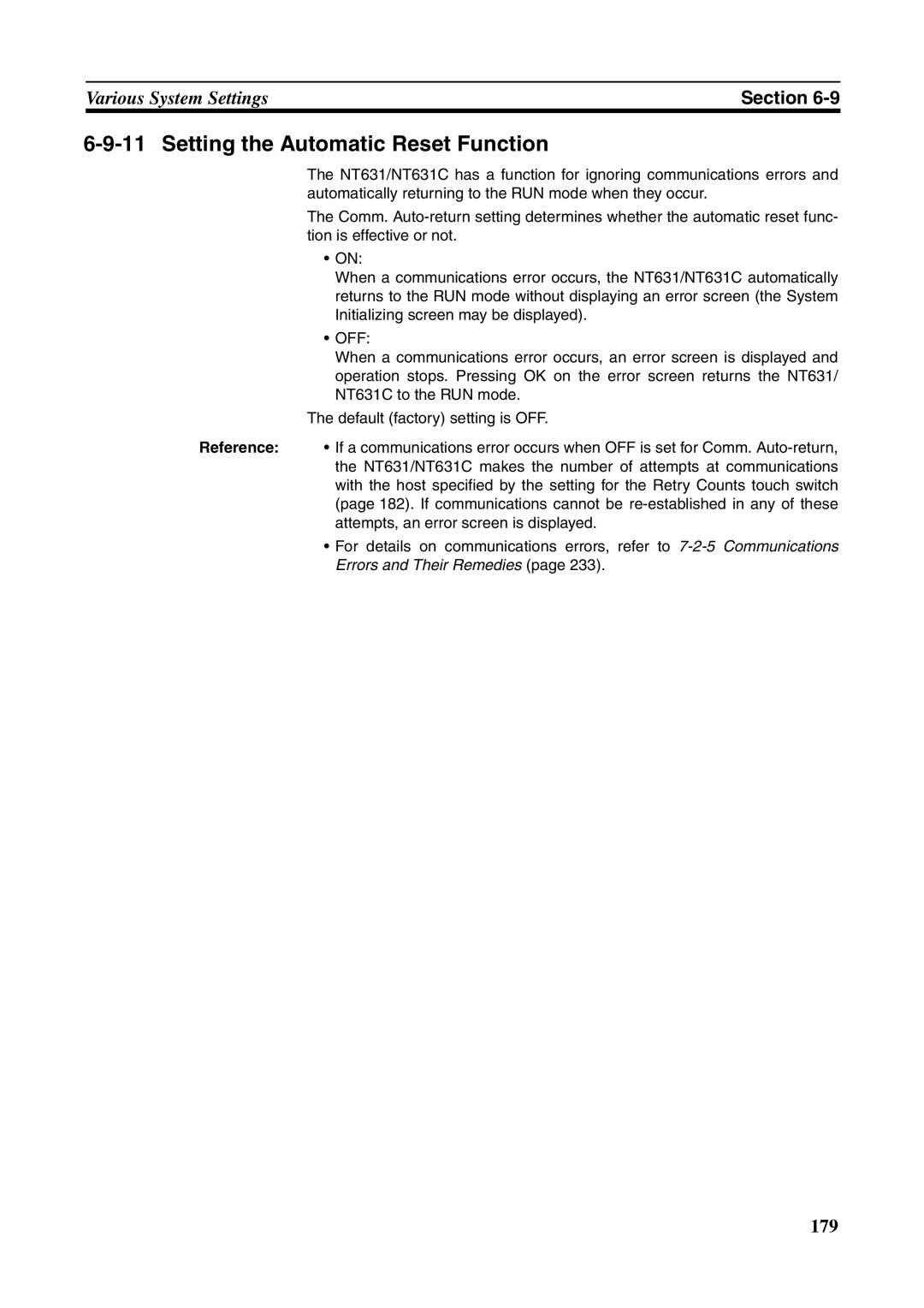 Omron NT631C manual Setting the Automatic Reset Function 