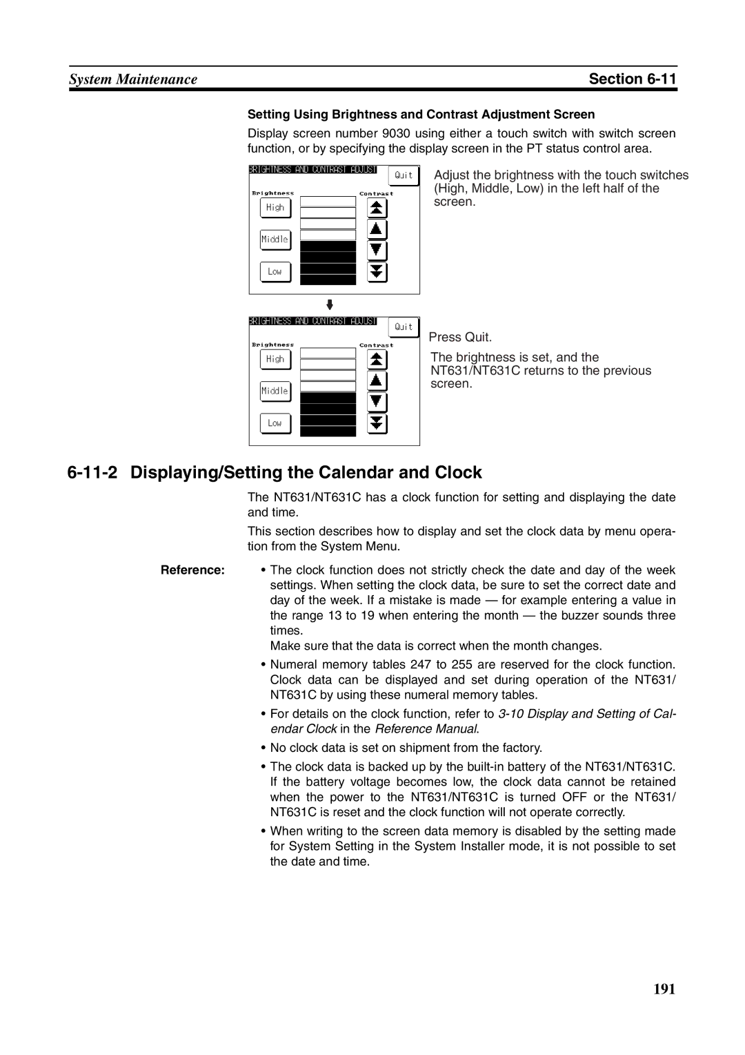 Omron NT631C manual Displaying/Setting the Calendar and Clock 