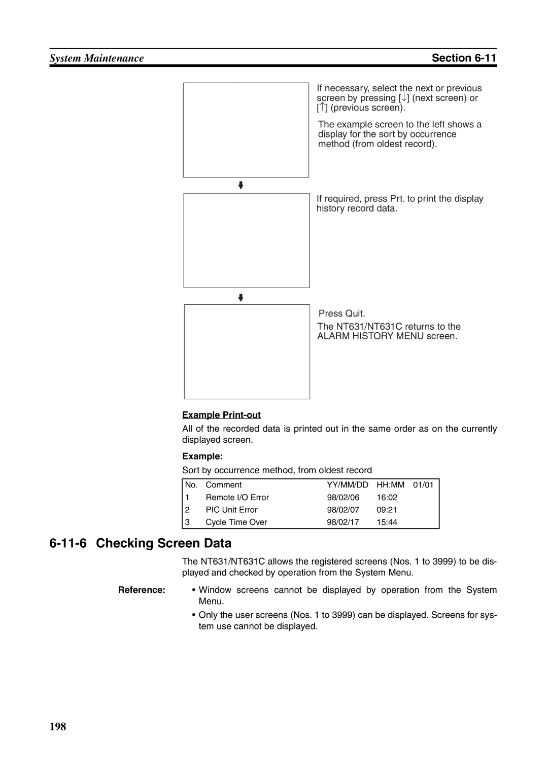 Omron NT631C manual Checking Screen Data, Sort by occurrence method, from oldest record, Yy/Mm/Dd 