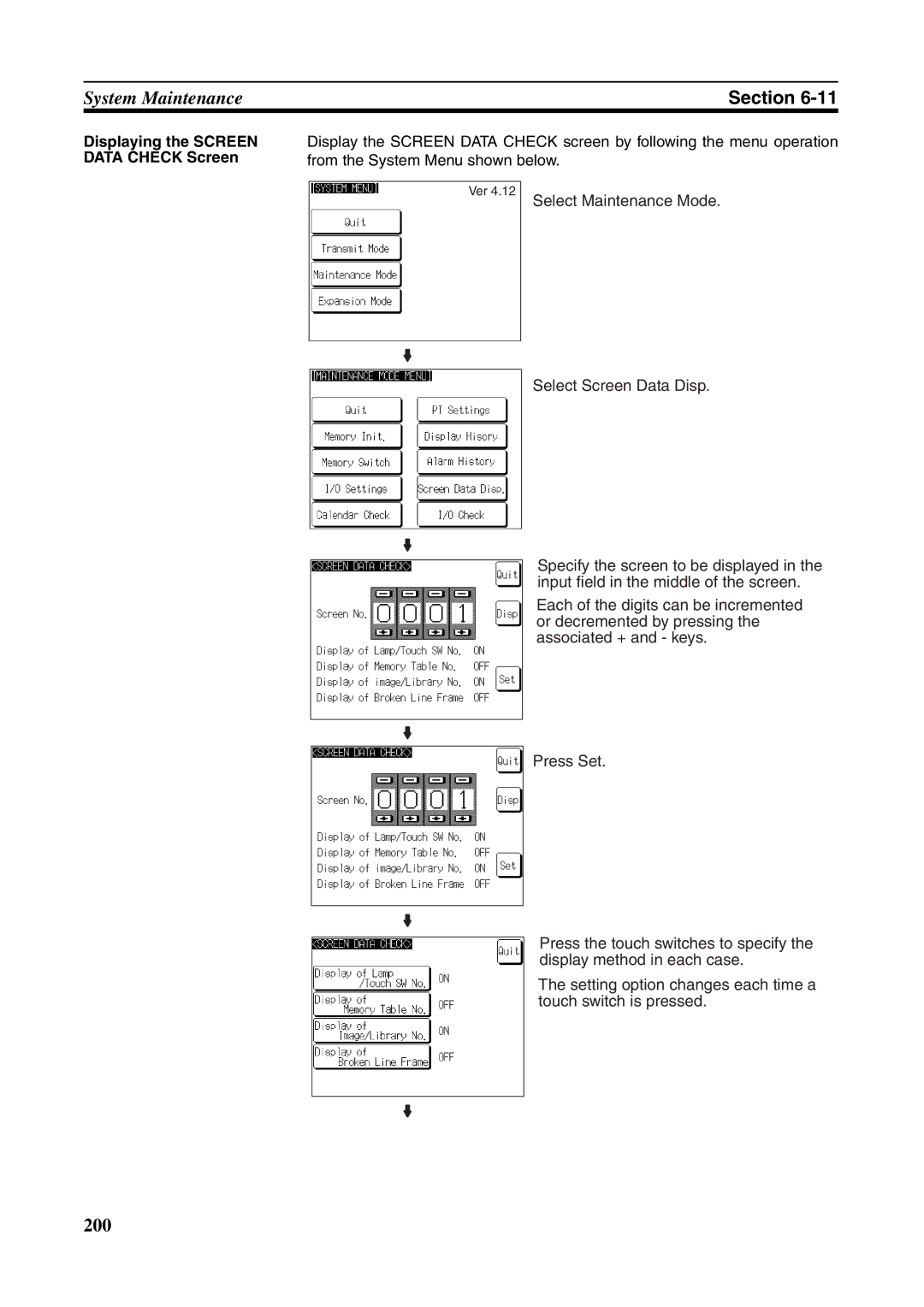 Omron NT631C manual Select Maintenance Mode Select Screen Data Disp, Displaying the Screen Data Check Screen 