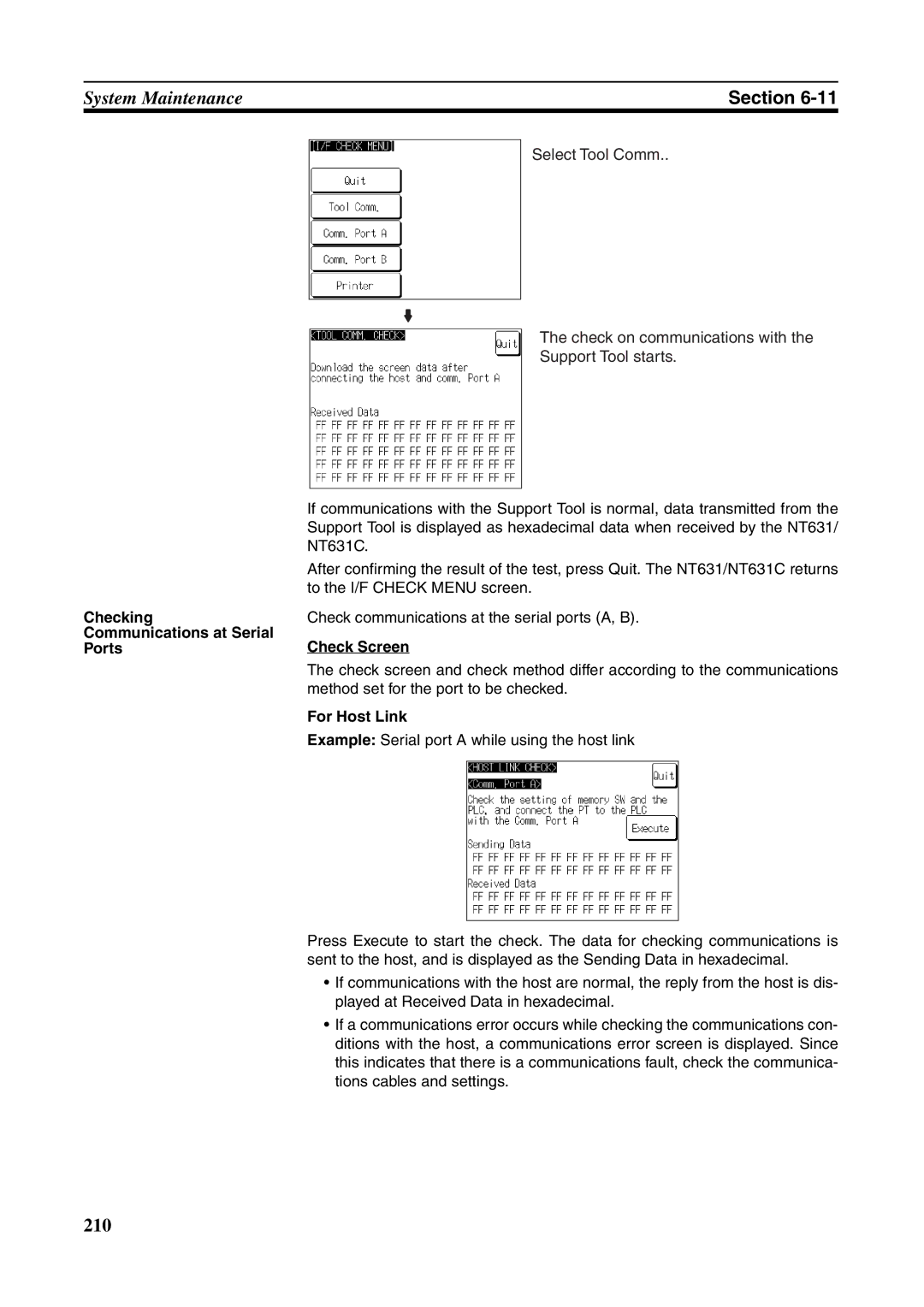 Omron NT631C manual Checking Communications at Serial Ports, Check Screen, For Host Link 