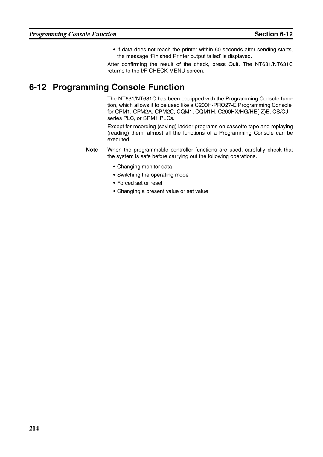 Omron NT631C manual Programming Console Function 