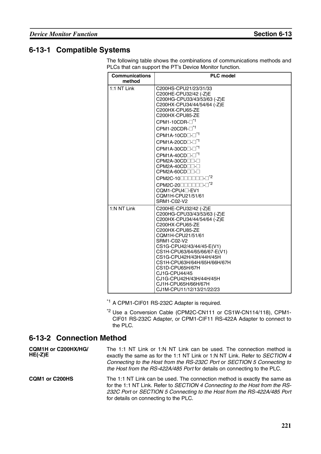 Omron NT631C manual Compatible Systems, CQM1H or C200HX/HG/ HE-ZE CQM1 or C200HS, Communications PLC model Method 