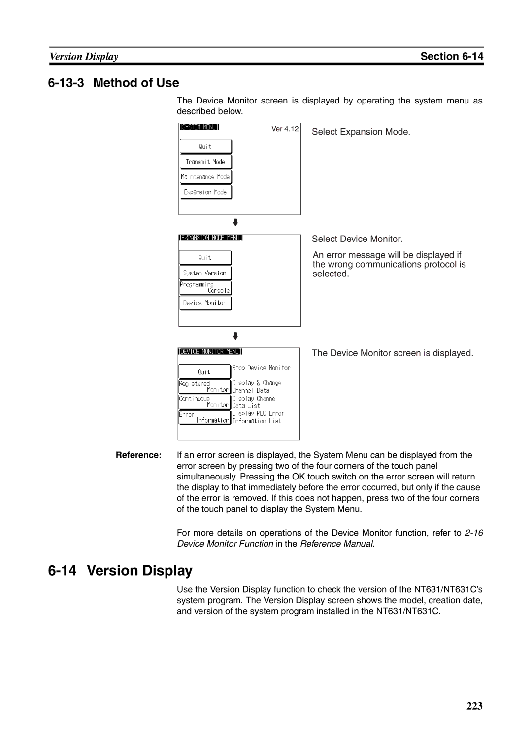 Omron NT631C manual Version Display, Method of Use 