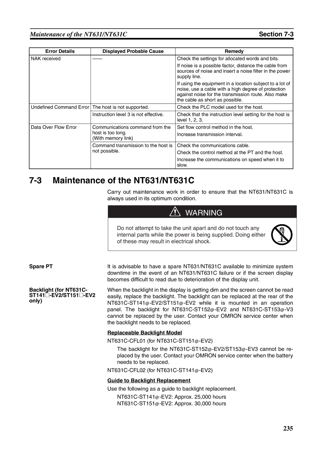 Omron manual Maintenance of the NT631/NT631C, Spare PT Backlight for NT631C- ST141@-EV2/ST151@-EV2 only 