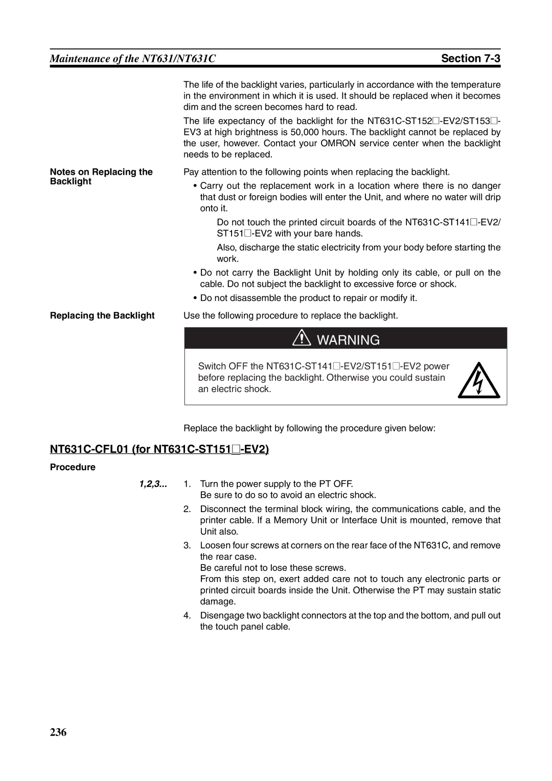 Omron NT631C manual Replacing the Backlight, Procedure 