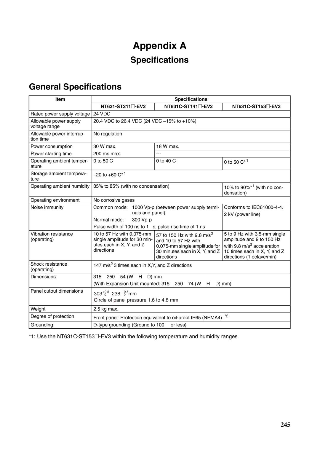 Omron NT631C manual Appendix a, Specifications General Specifications 