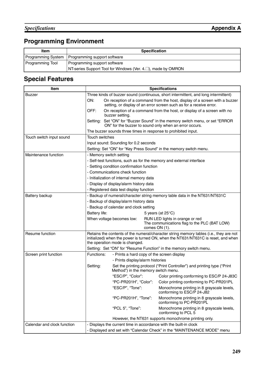 Omron NT631C manual Programming Environment, Special Features, Specifications 