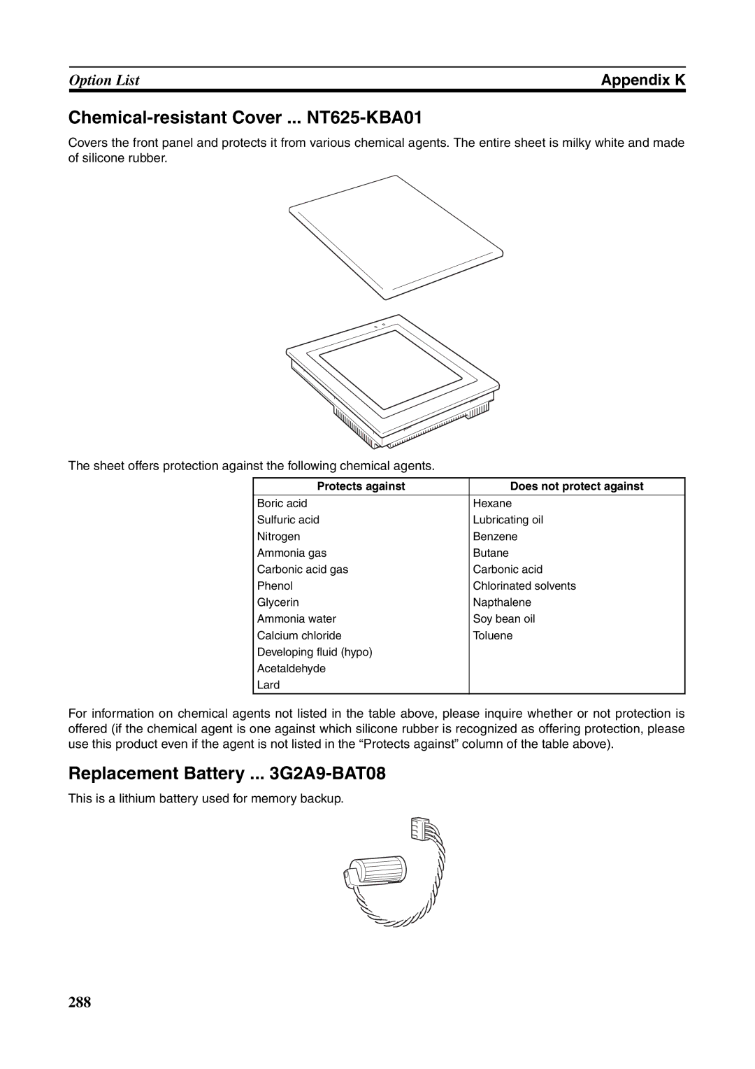 Omron NT631C manual Chemical-resistant Cover ... NT625-KBA01, Replacement Battery .. G2A9-BAT08 