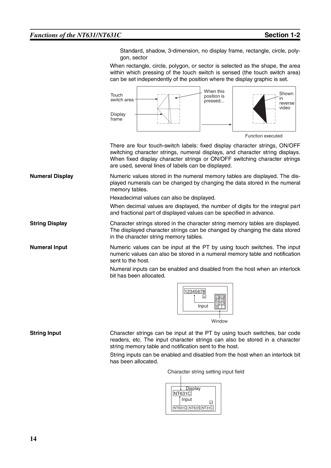 Omron NT631C manual Numeral Display String Display Numeral Input String Input 