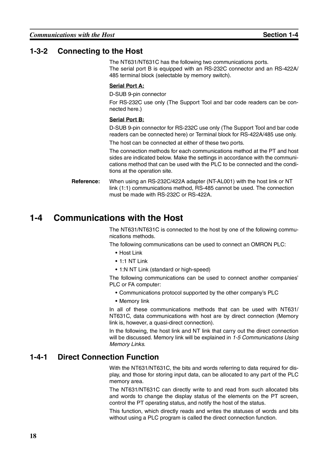 Omron NT631C manual Communications with the Host, Connecting to the Host, Direct Connection Function, Serial Port a 