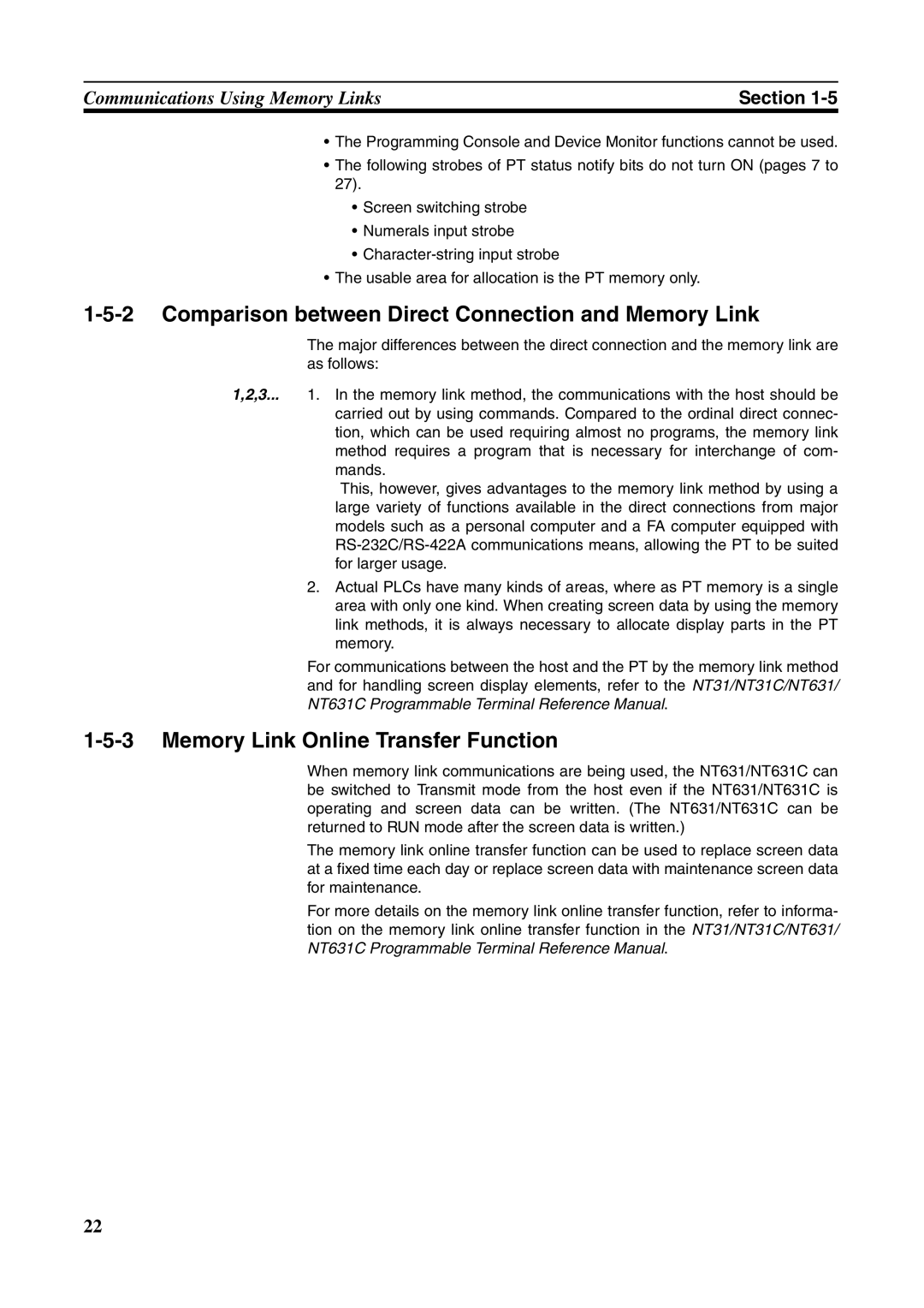 Omron NT631C manual Comparison between Direct Connection and Memory Link, Memory Link Online Transfer Function 