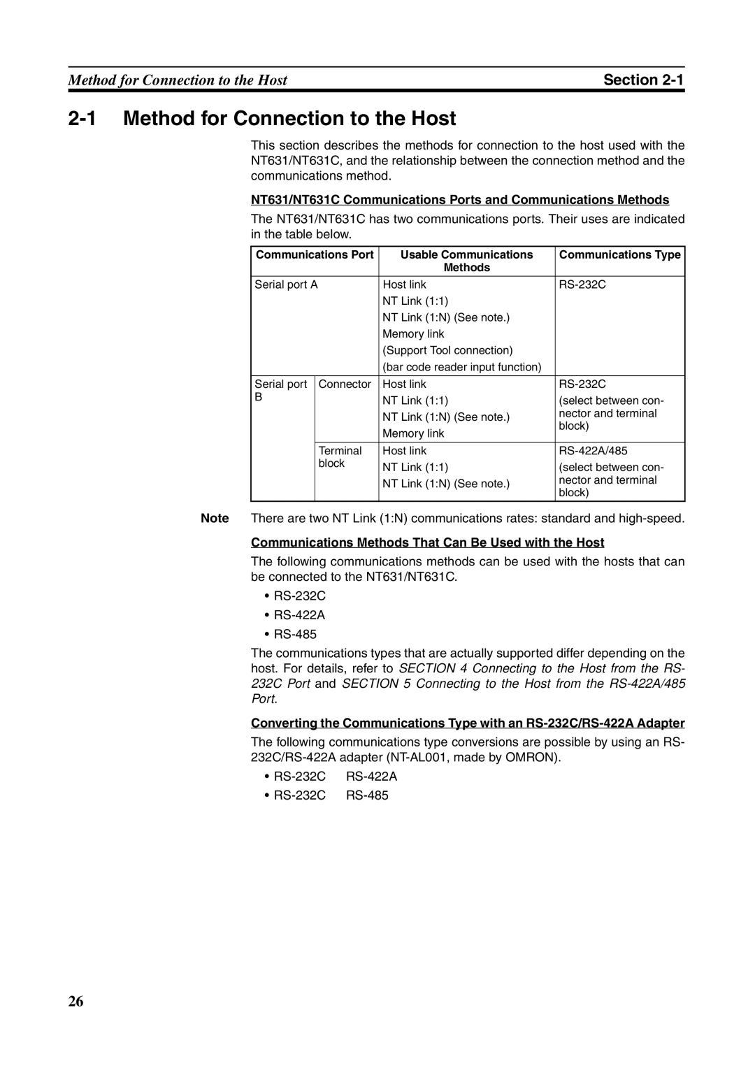 Omron NT631C manual Method for Connection to the Host, Communications Methods That Can Be Used with the Host 