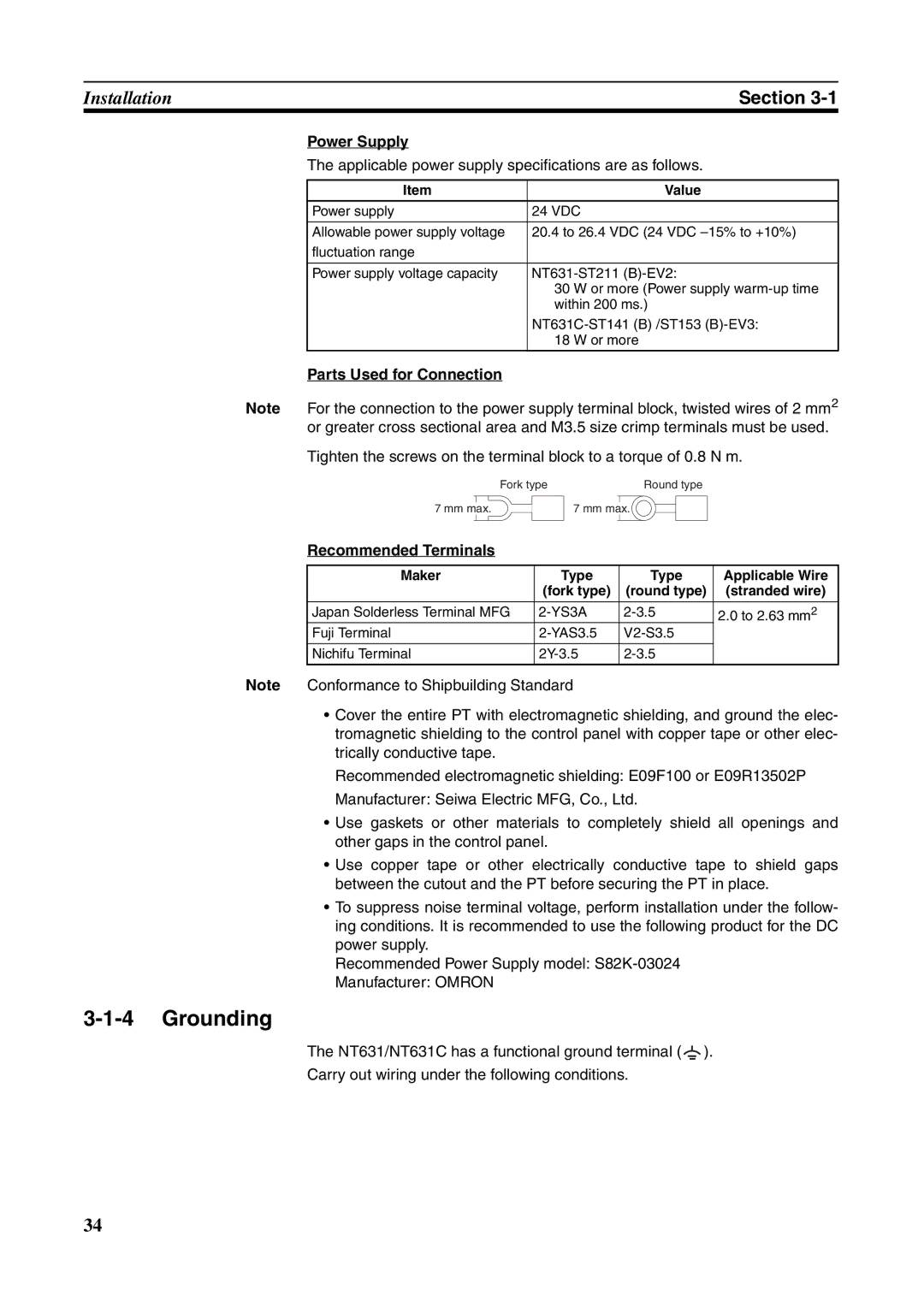 Omron NT631C Grounding, Power Supply, Applicable power supply specifications are as follows, Parts Used for Connection 