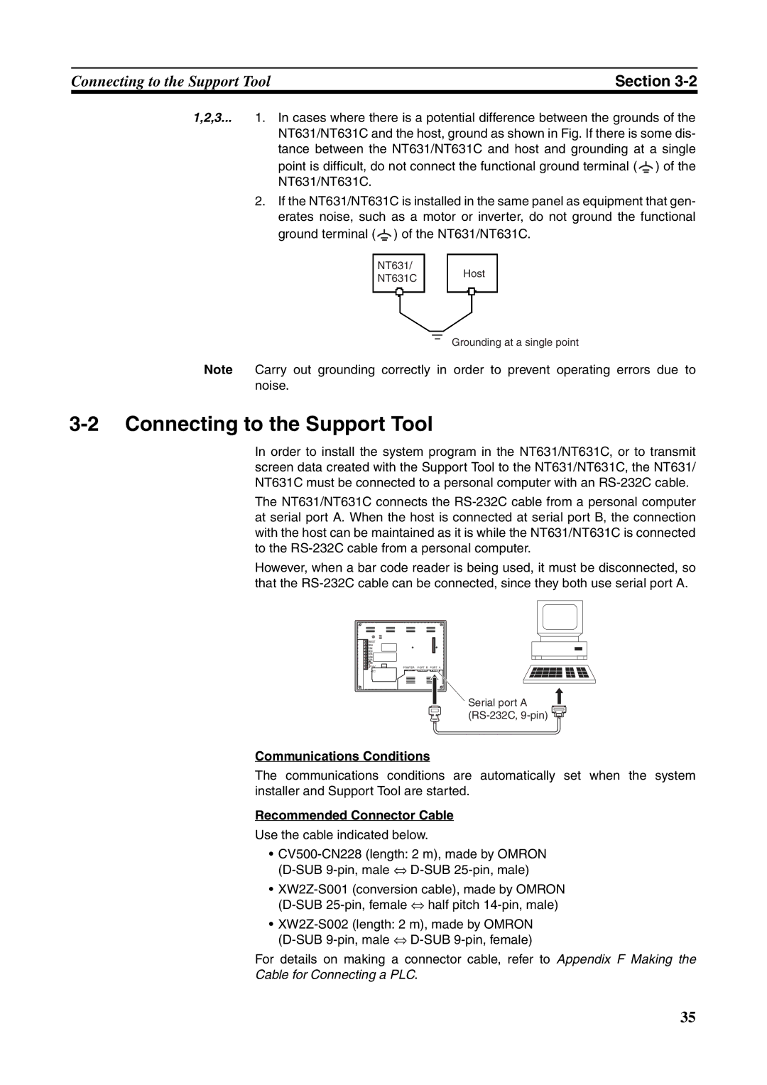 Omron NT631C manual Connecting to the Support Tool, Communications Conditions, Recommended Connector Cable 