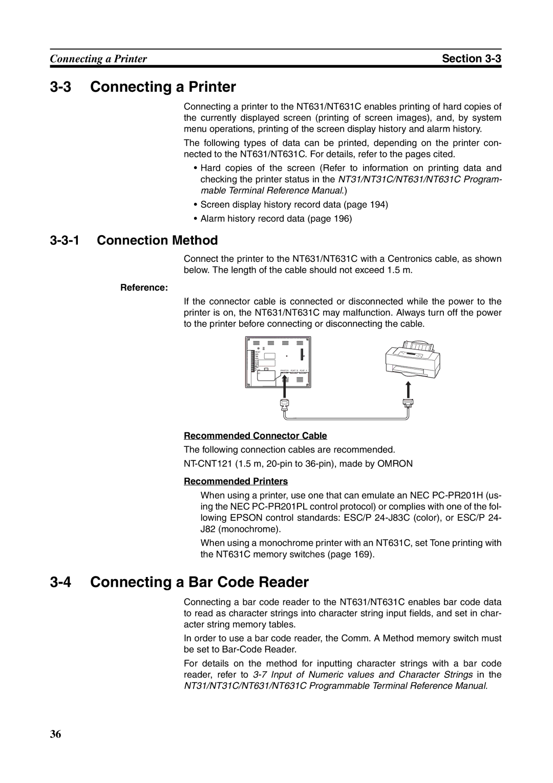 Omron NT631C manual Connecting a Printer, Connecting a Bar Code Reader, Connection Method, Reference, Recommended Printers 