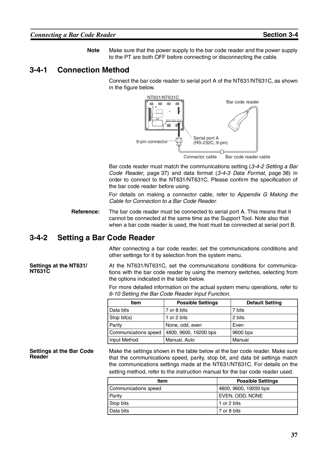 Omron NT631C manual Setting a Bar Code Reader, Possible Settings Default Setting, EVEN, ODD, None 