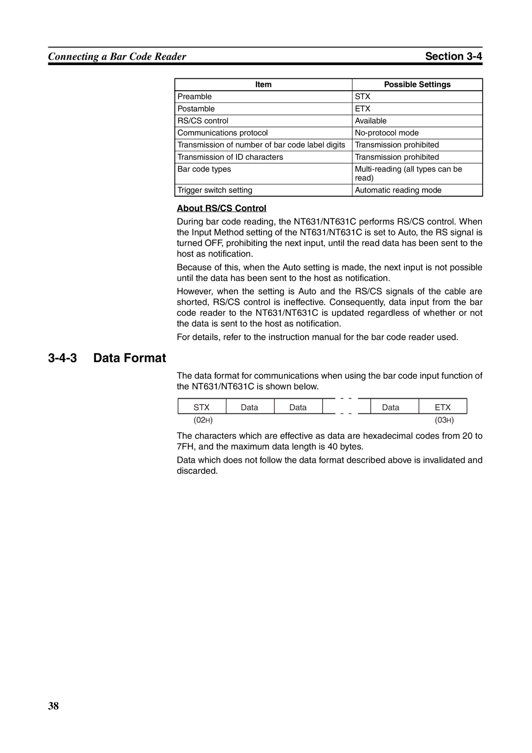 Omron NT631C manual Data Format, About RS/CS Control, Stx, Etx 