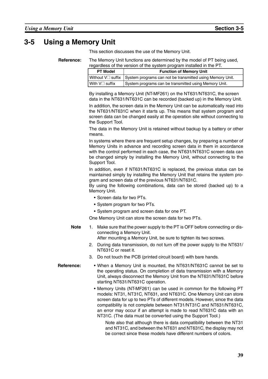 Omron NT631C manual Using a Memory Unit, PT Model Function of Memory Unit 