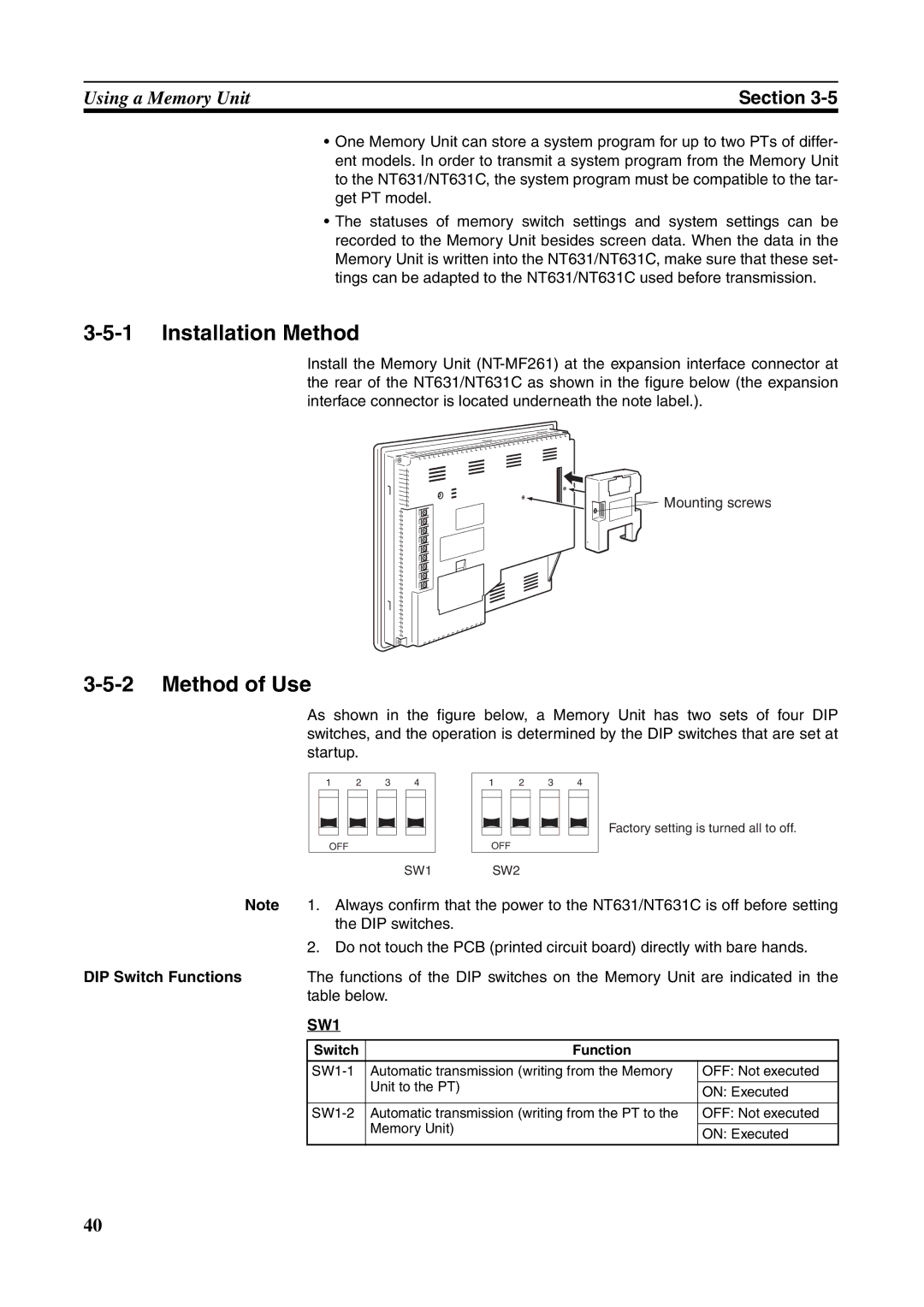 Omron NT631C manual Installation Method, Method of Use, DIP Switch Functions, Table below 