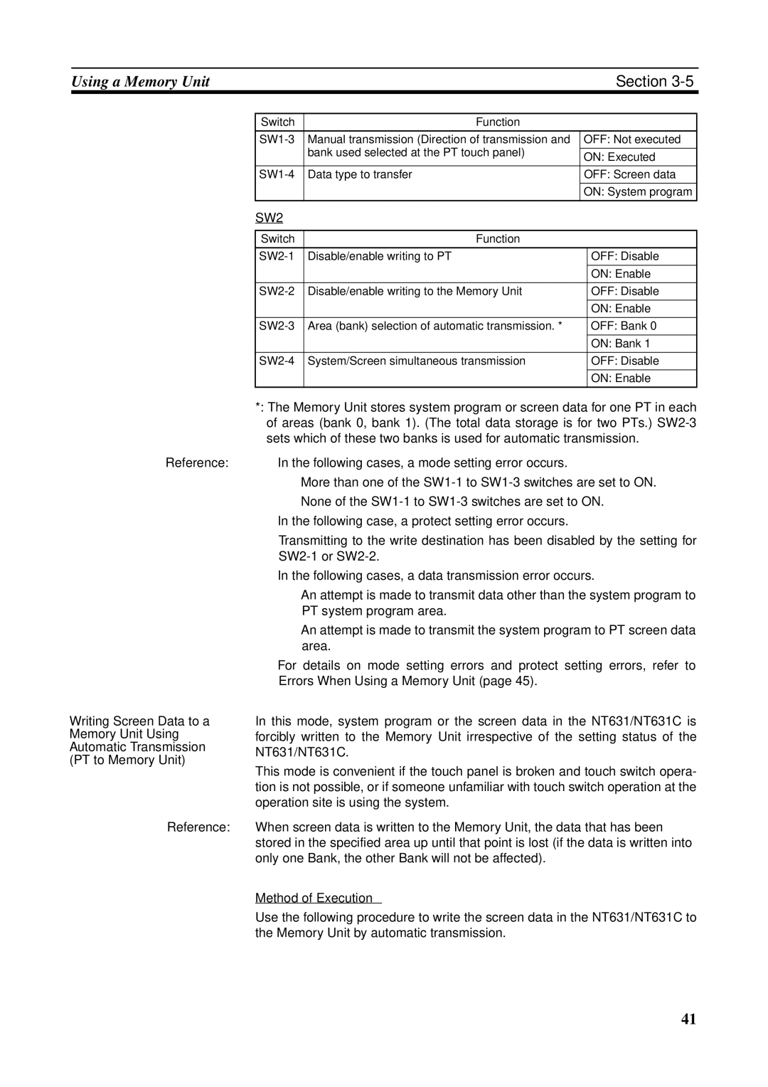 Omron NT631C manual SW2, Method of Execution 