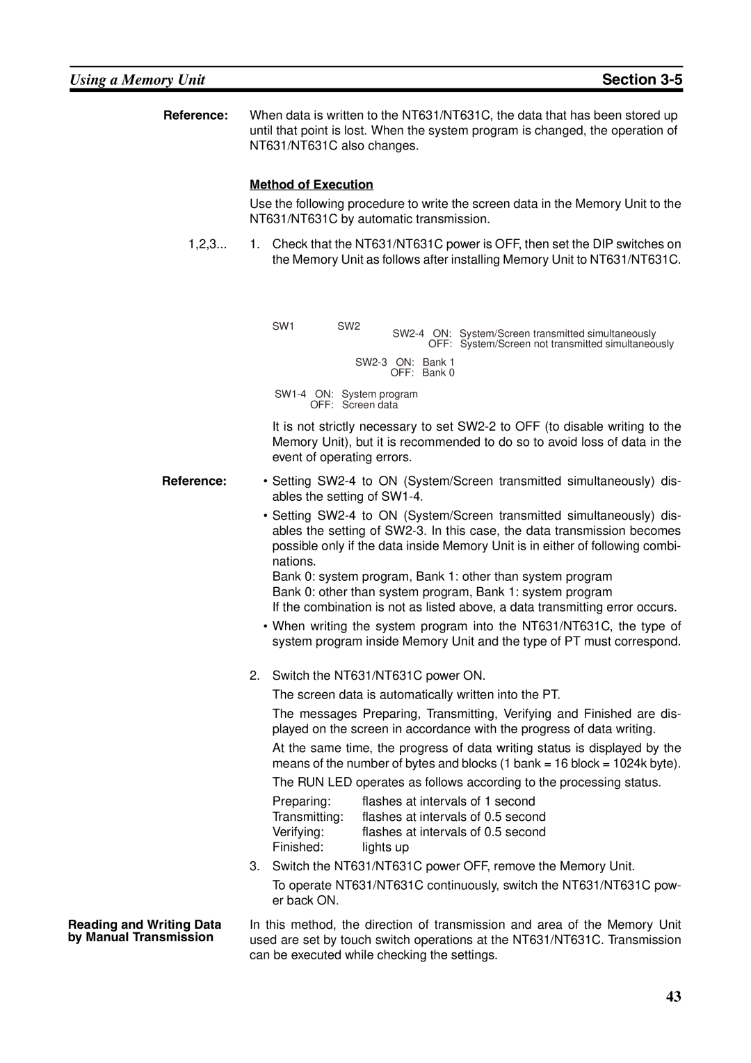 Omron NT631C manual Reference Reading and Writing Data by Manual Transmission 