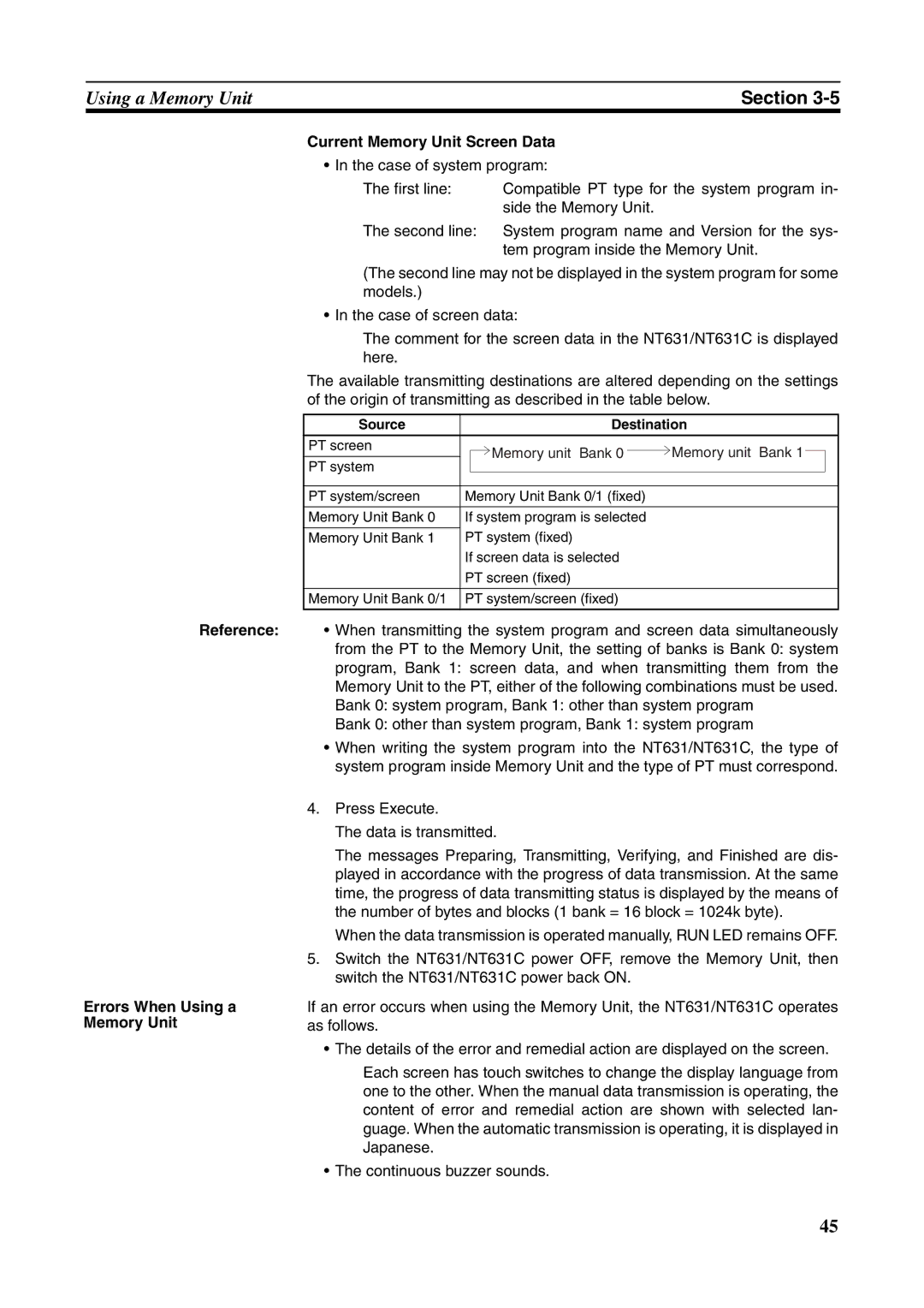 Omron NT631C manual Current Memory Unit Screen Data, Errors When Using a Memory Unit, Source Destination 