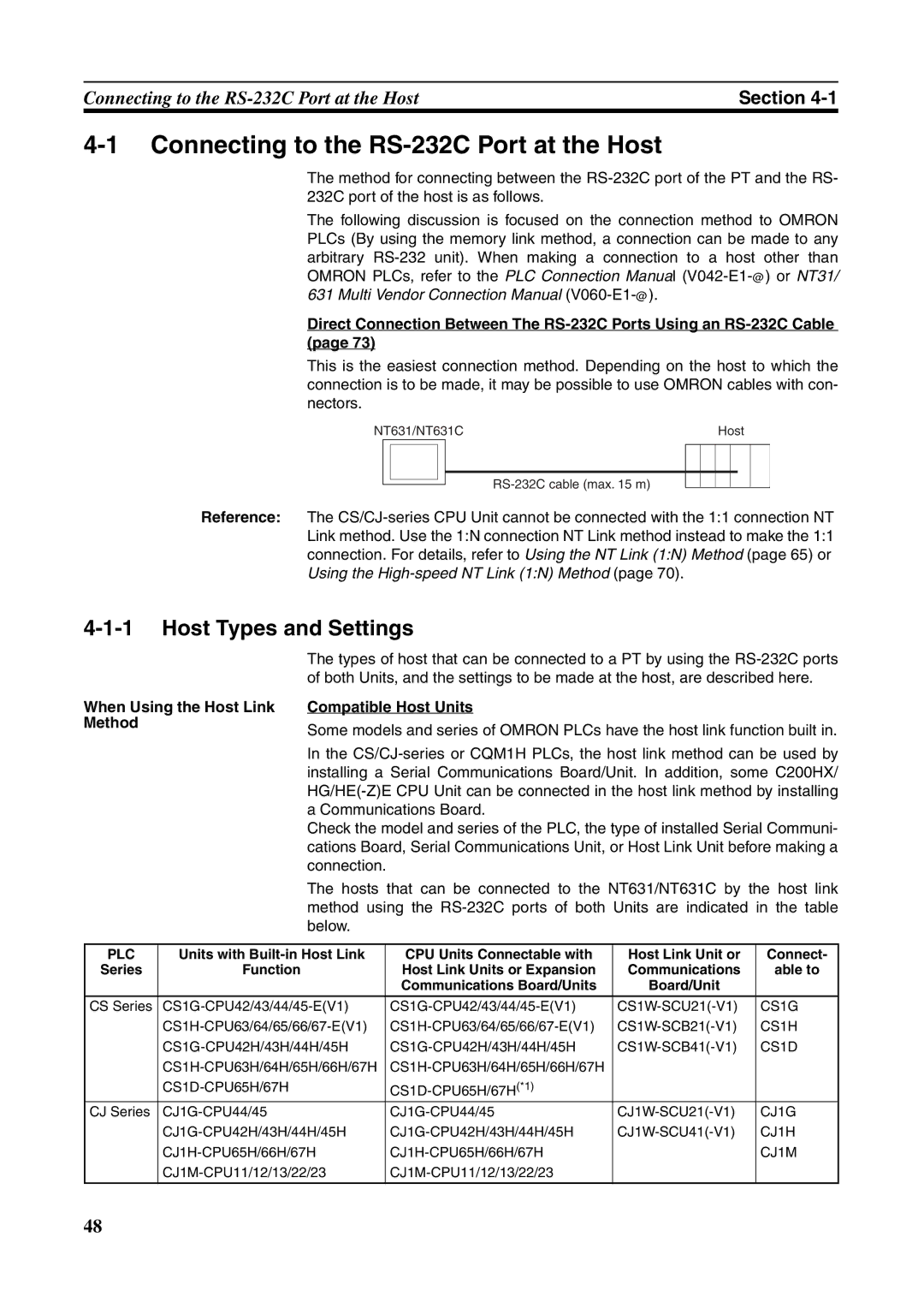 Omron NT631C manual Connecting to the RS-232C Port at the Host, Host Types and Settings 