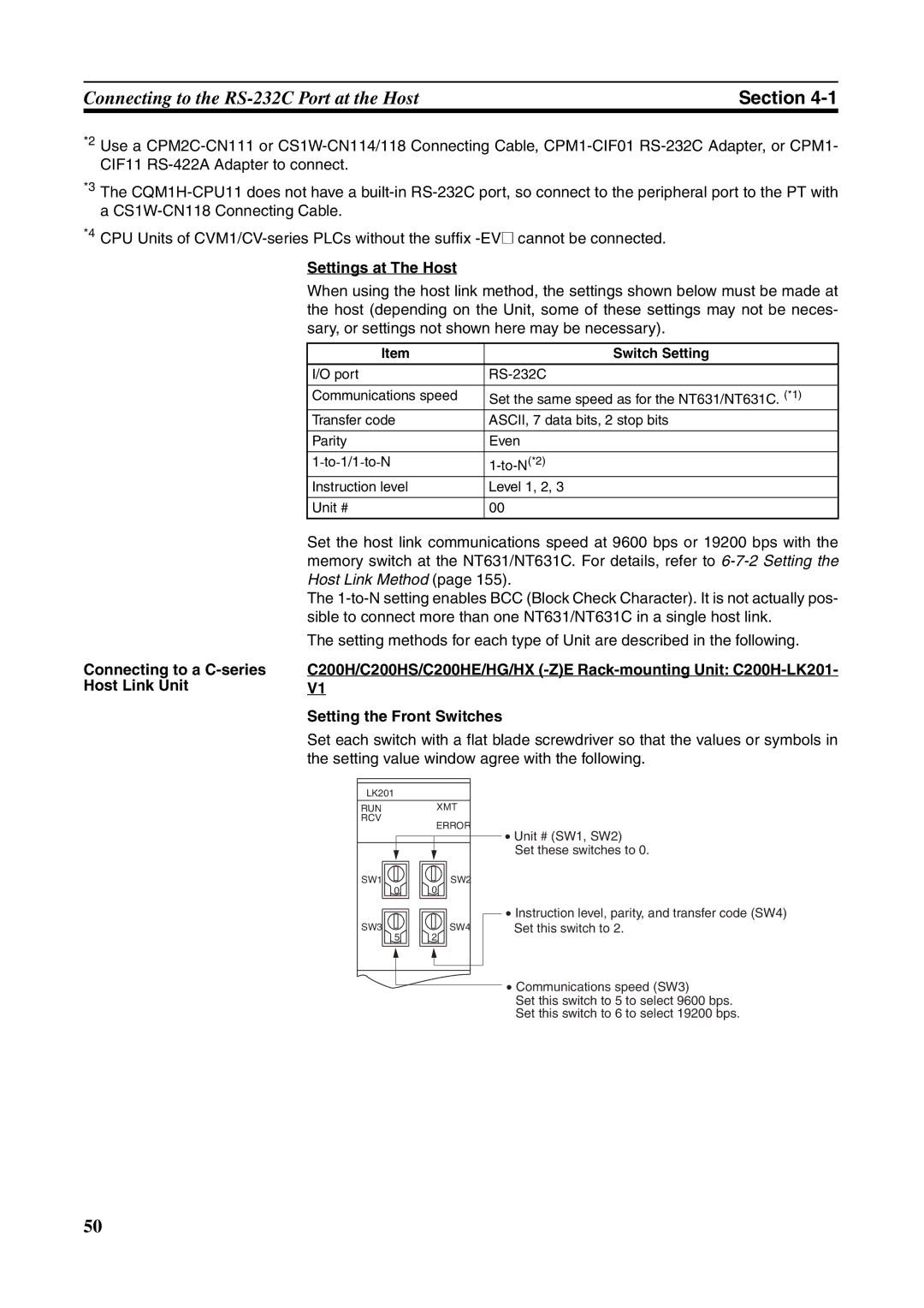 Omron NT631C manual Connecting to a C-series Host Link Unit Settings at The Host, Switch Setting 