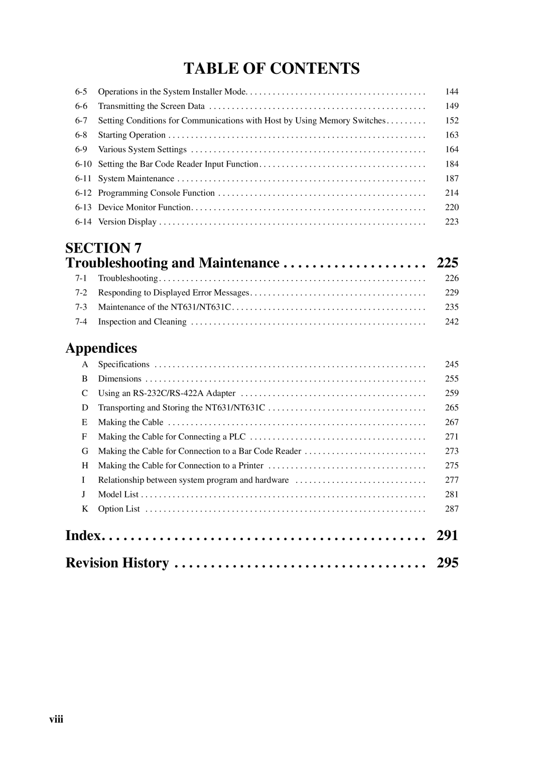 Omron NT631C manual Index 291 Revision History 295 