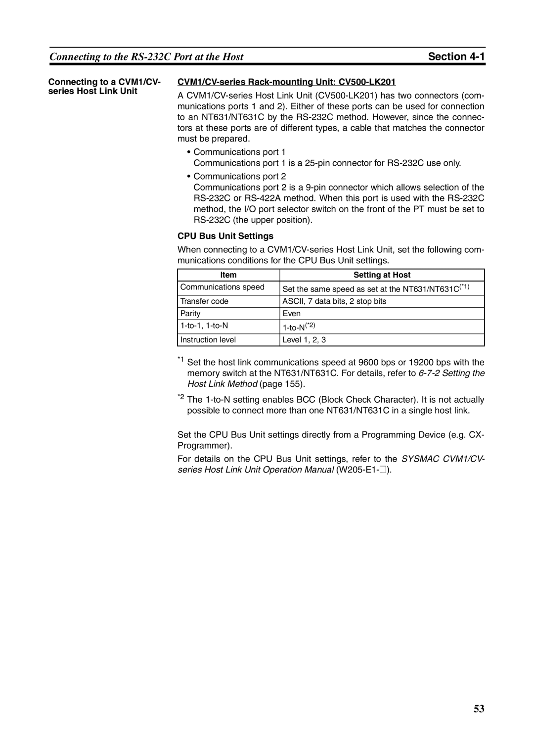 Omron NT631C manual CPU Bus Unit Settings, Setting at Host 