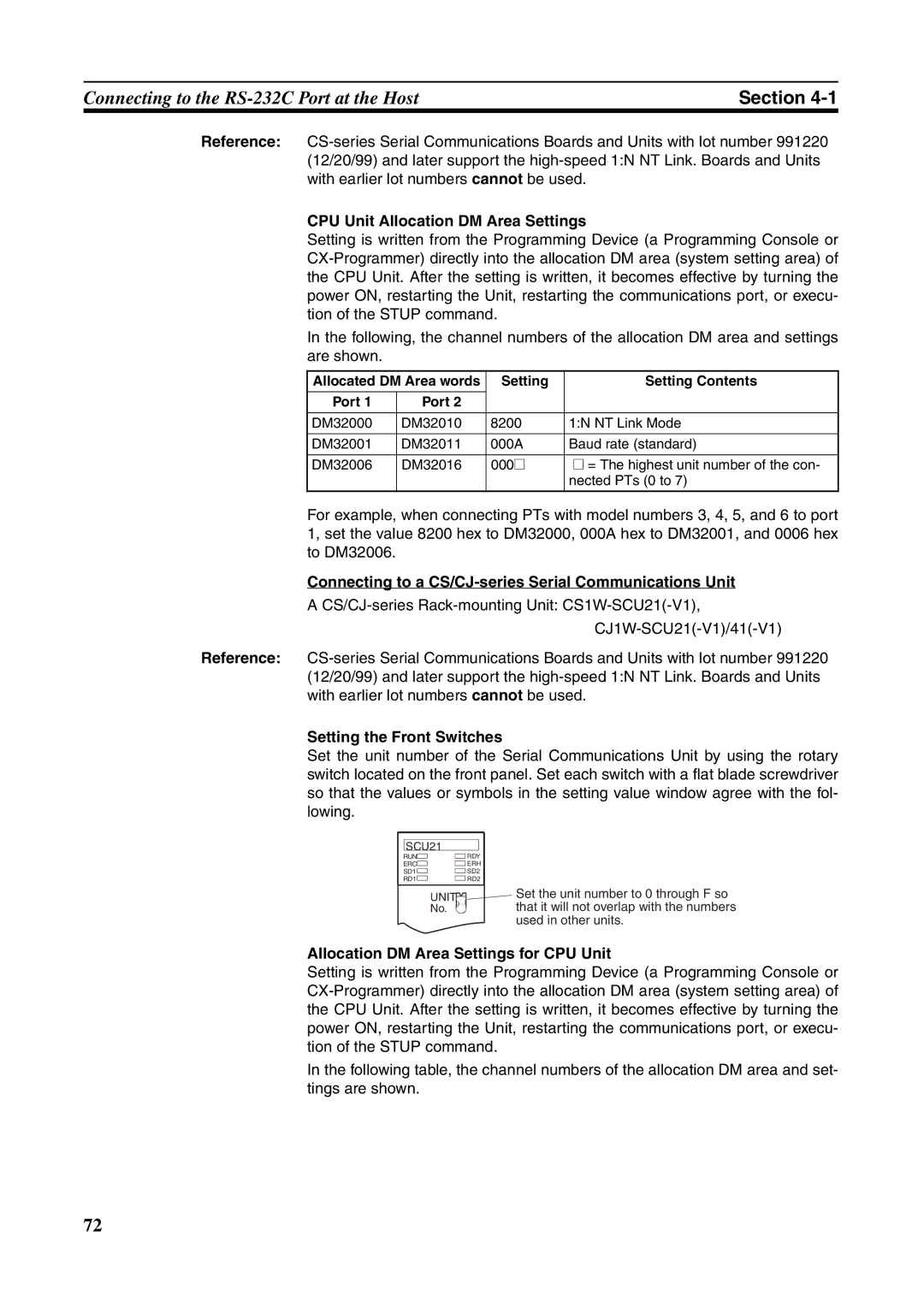 Omron NT631C manual CPU Unit Allocation DM Area Settings, Connecting to a CS/CJ-series Serial Communications Unit 