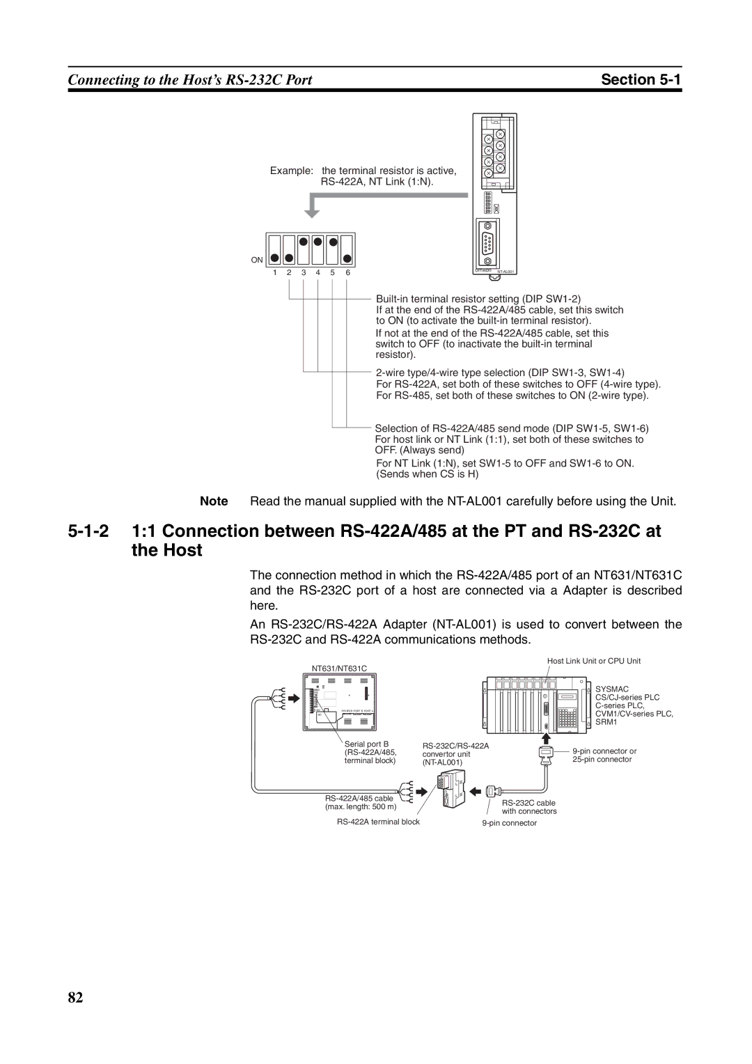 Omron NT631C manual Example the terminal resistor is active RS-422A, NT Link 1N 