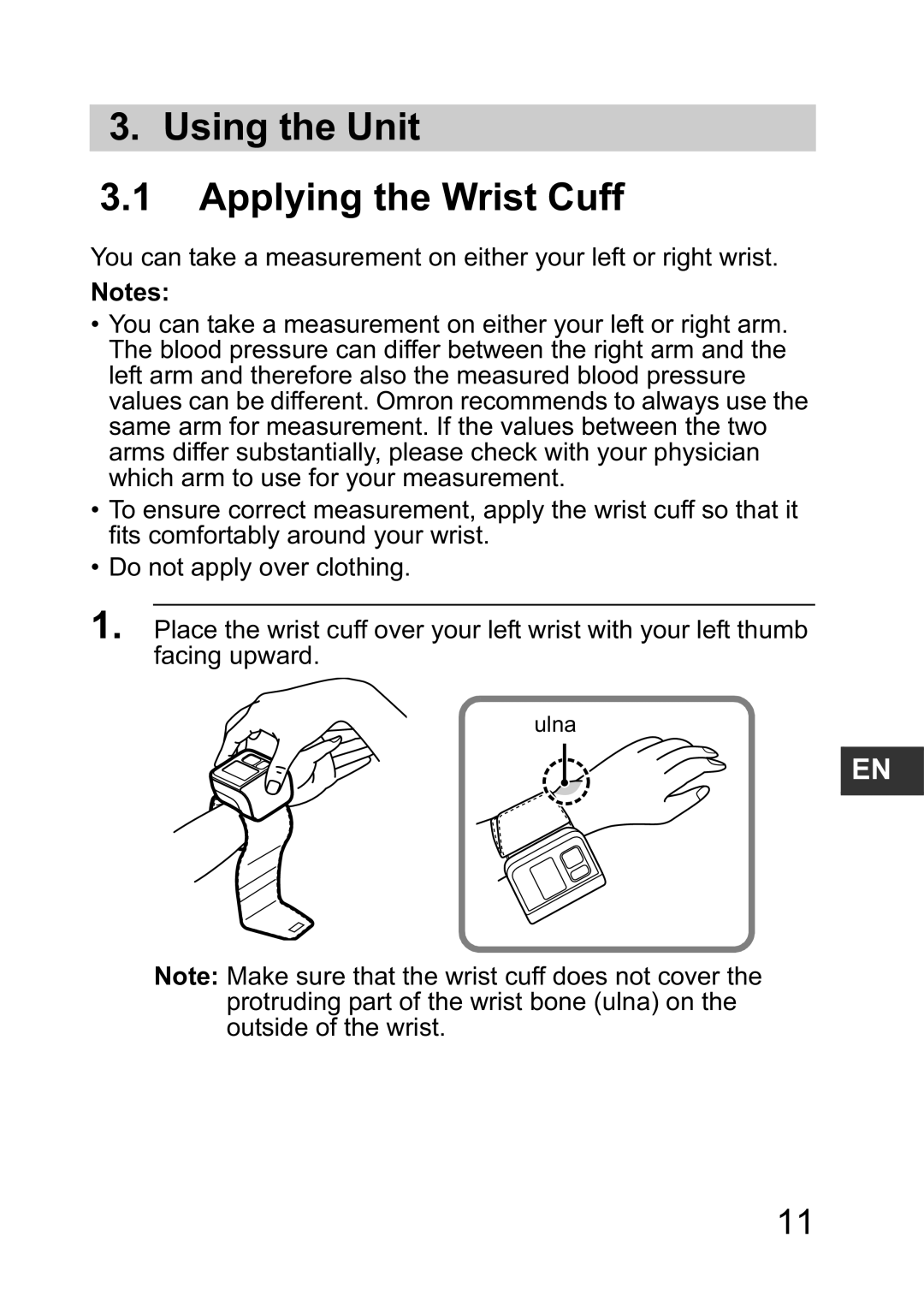 Omron R2 instruction manual Using the Unit Applying the Wrist Cuff 