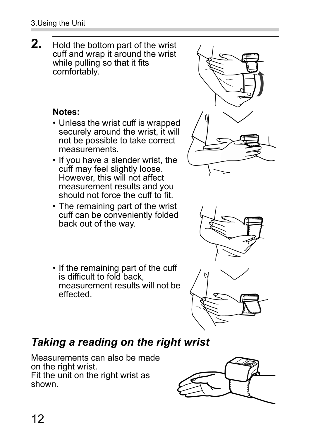 Omron R2 instruction manual Taking a reading on the right wrist 