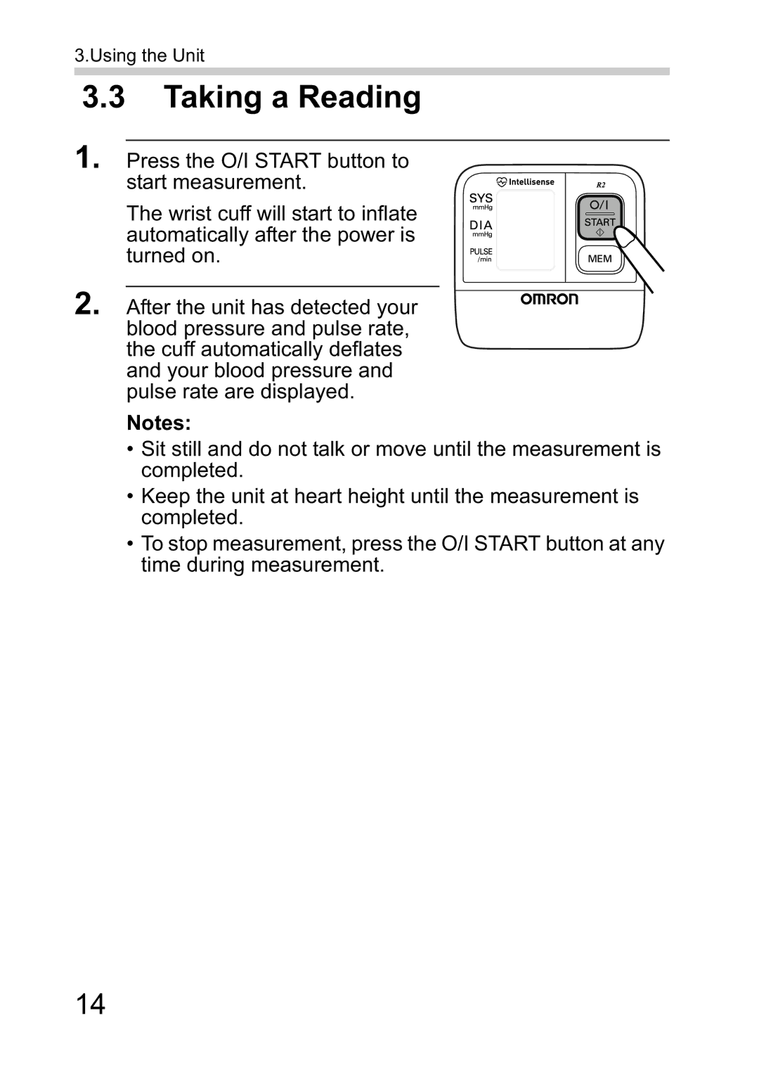 Omron R2 instruction manual Taking a Reading 