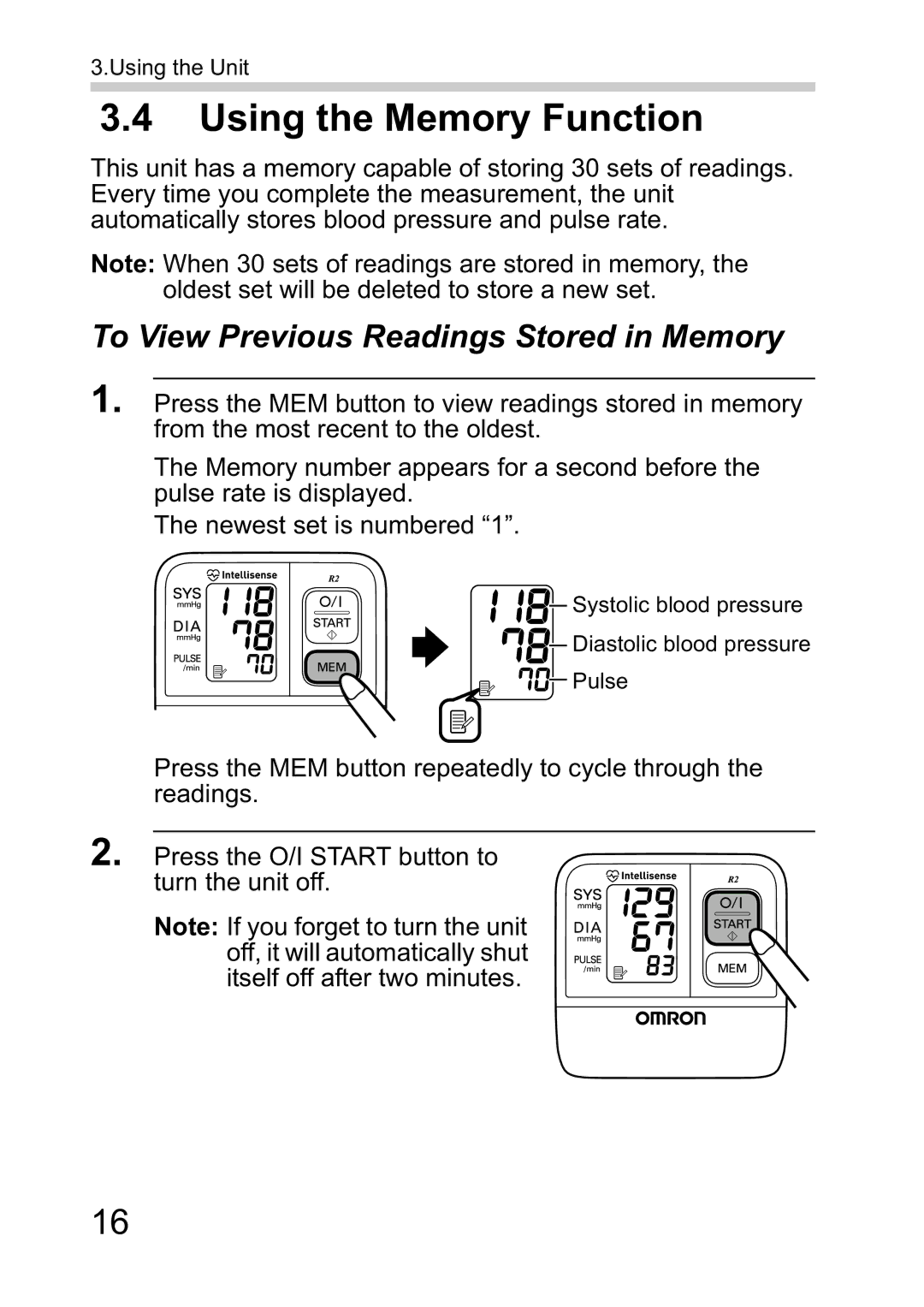 Omron R2 instruction manual Using the Memory Function, To View Previous Readings Stored in Memory 