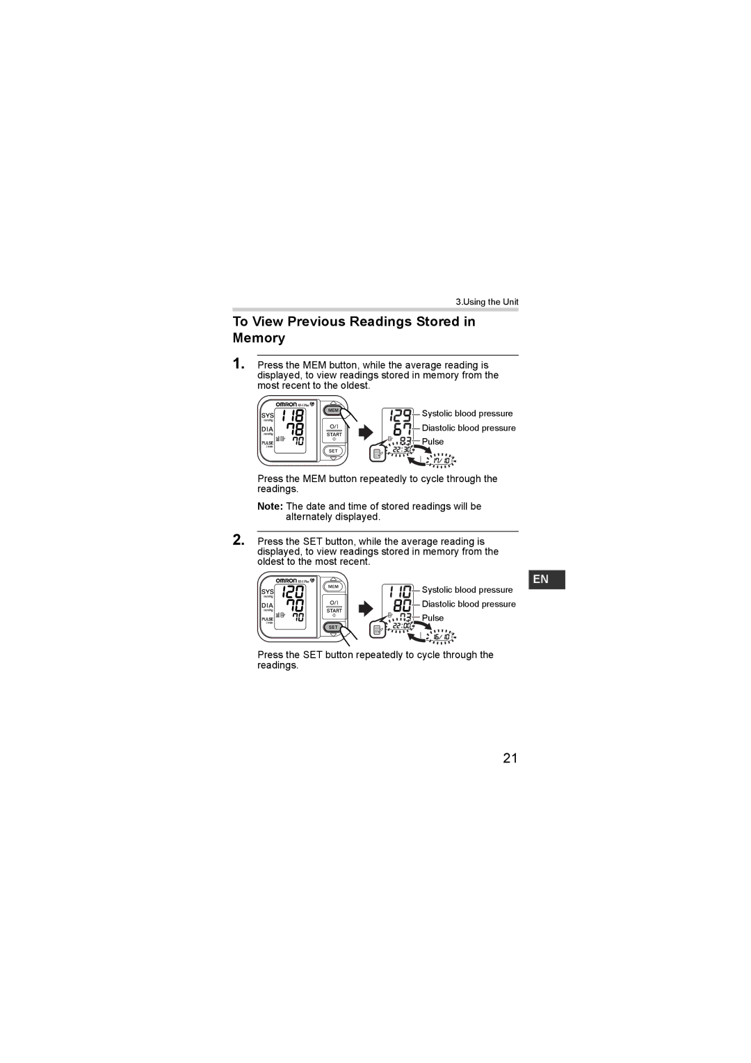 Omron R3-1 Plus instruction manual To View Previous Readings Stored in Memory 