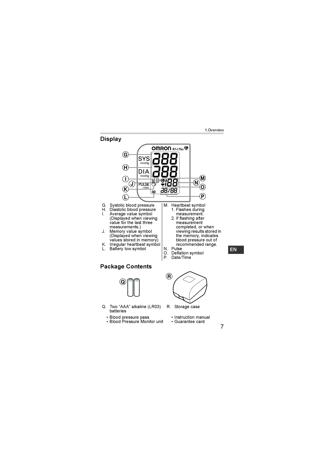 Omron R3-1 Plus instruction manual Display, Package Contents 