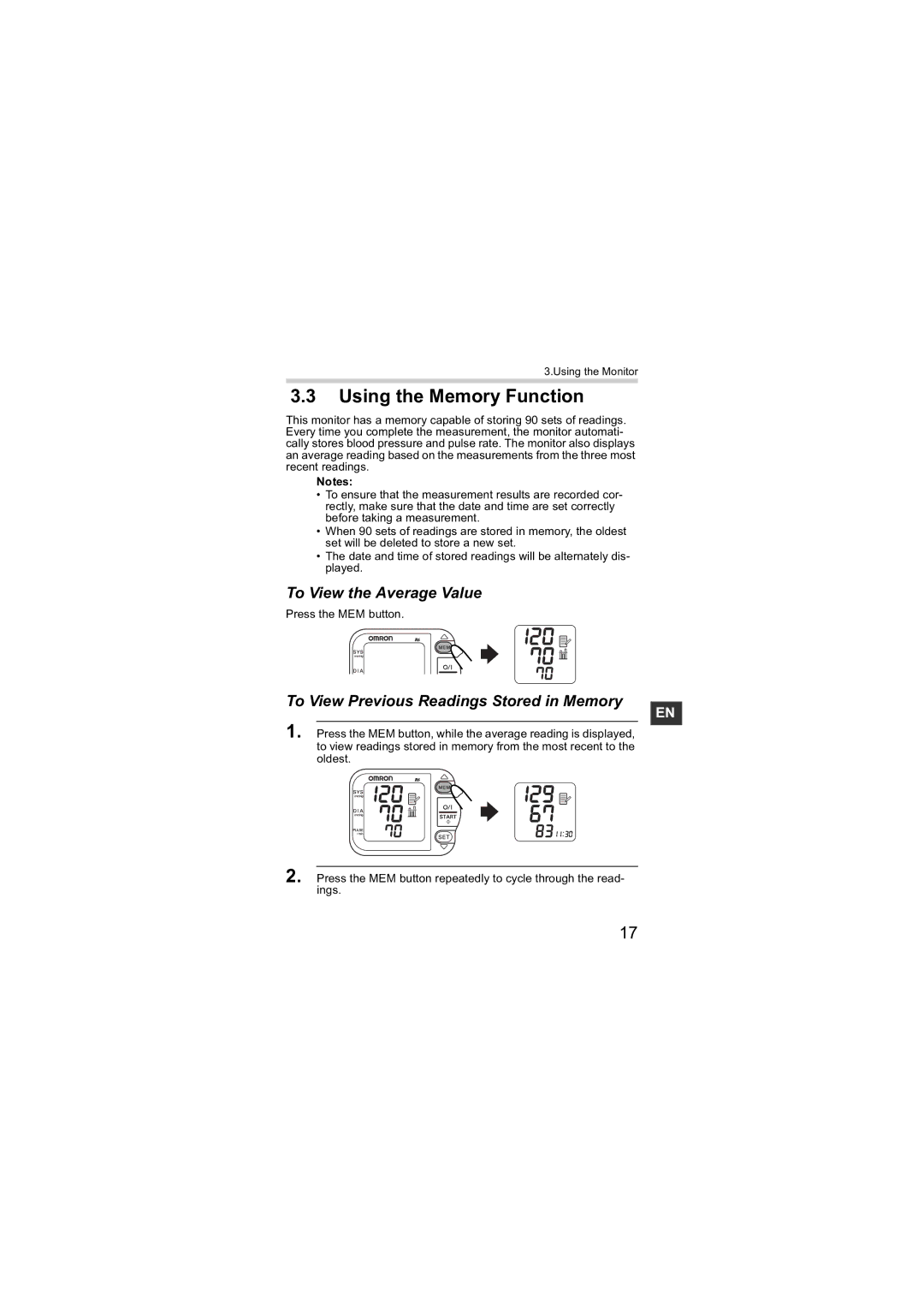 Omron R6 instruction manual Using the Memory Function, To View Previous Readings Stored in Memory 