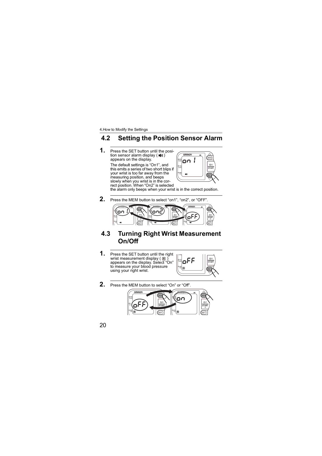 Omron R6 instruction manual Setting the Position Sensor Alarm, Turning Right Wrist Measurement On/Off 