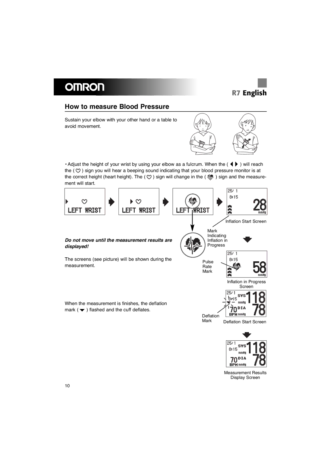 Omron R7 instruction manual How to measure Blood Pressure, Do not move until the measurement results are displayed 