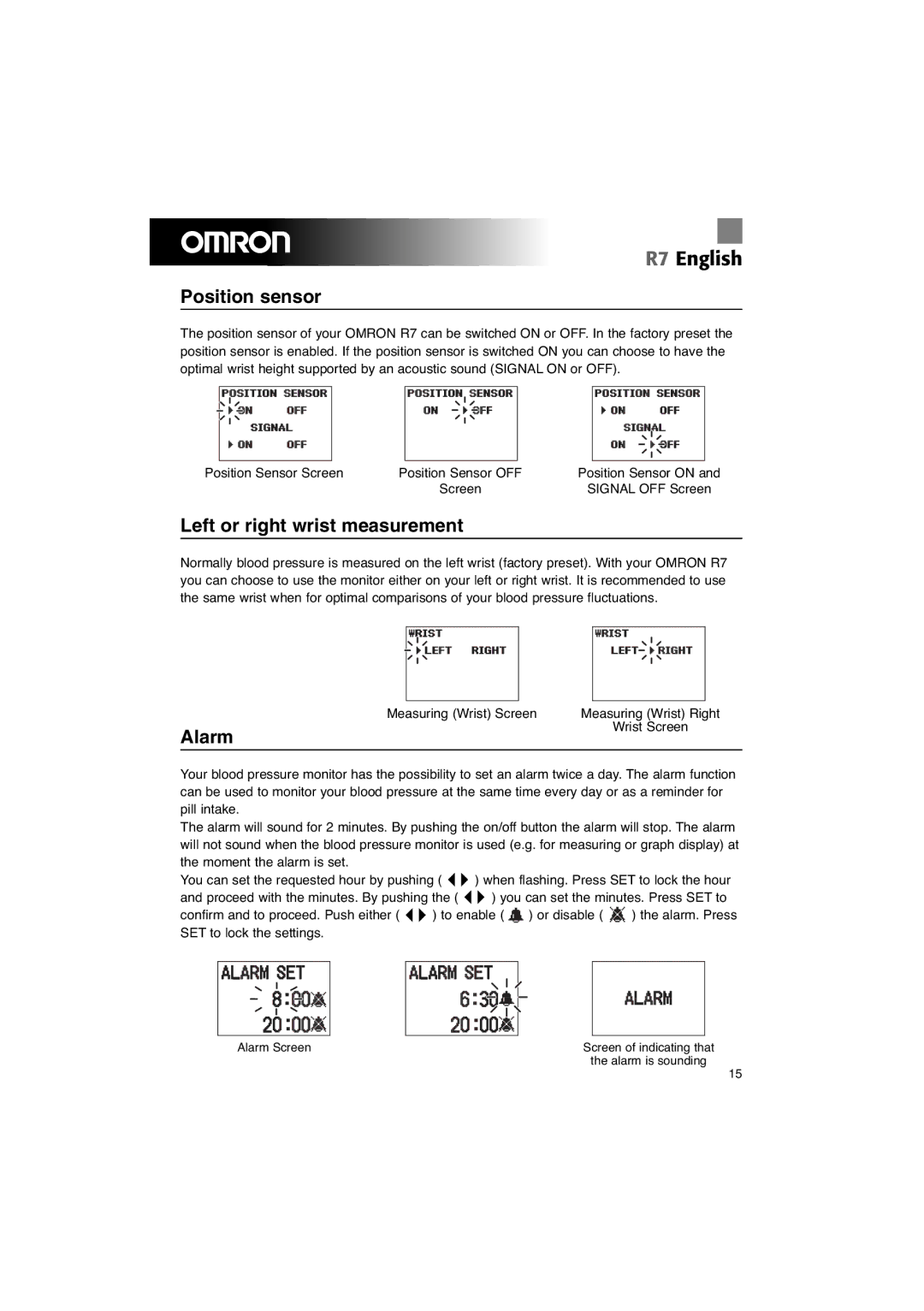 Omron R7 instruction manual Position sensor, Left or right wrist measurement, Alarm 