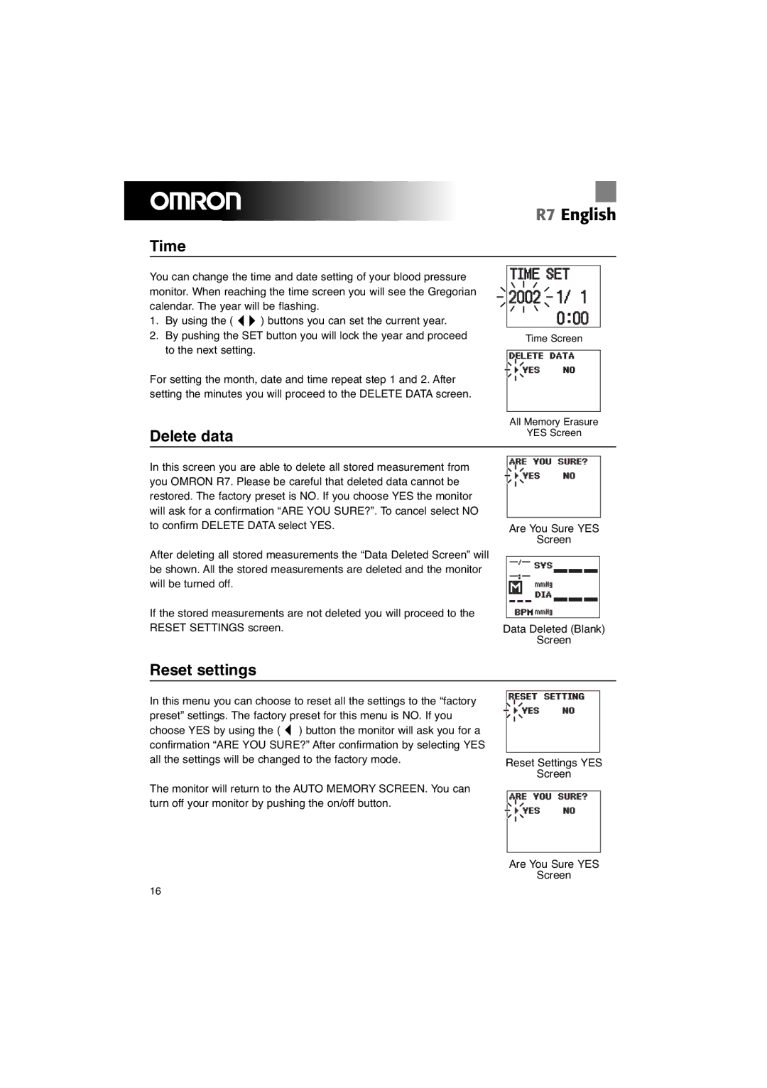 Omron R7 instruction manual Time, Delete data, Reset settings 