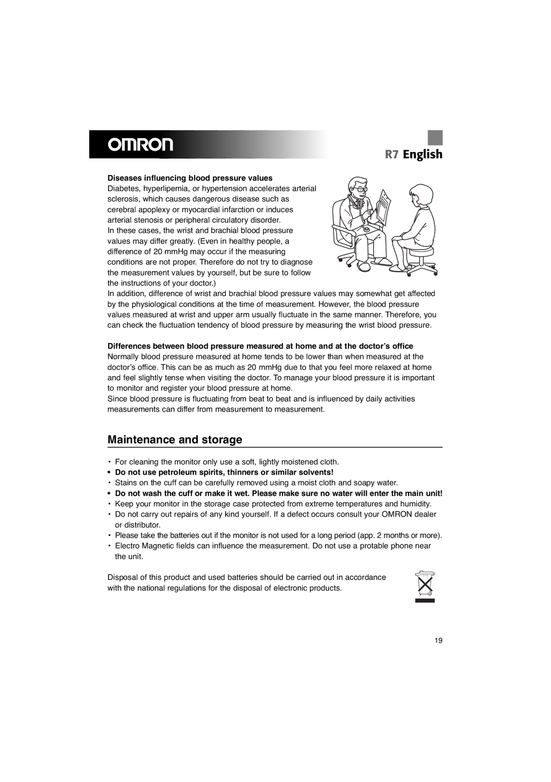 Omron R7 instruction manual Maintenance and storage, Diseases influencing blood pressure values 