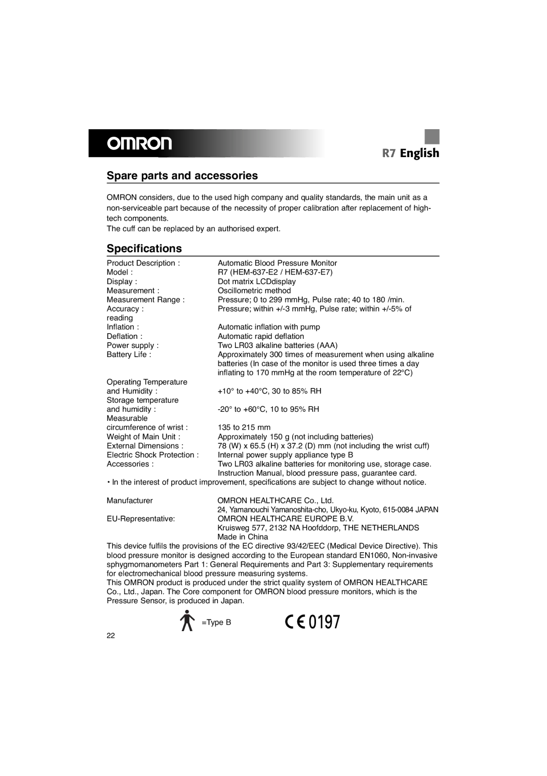 Omron R7 instruction manual Omron Healthcare Europe B.V 