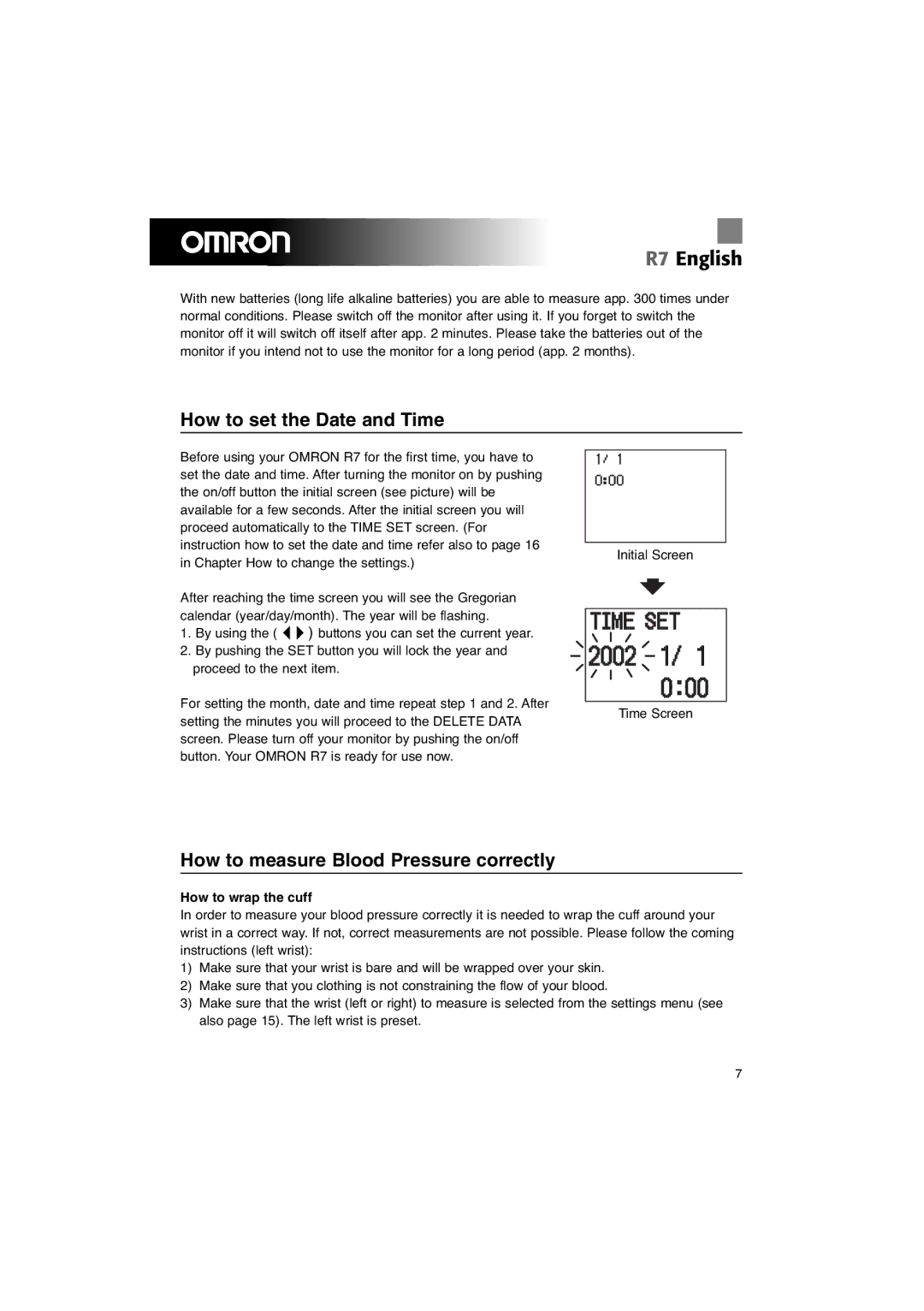 Omron R7 instruction manual How to set the Date and Time, How to measure Blood Pressure correctly, How to wrap the cuff 