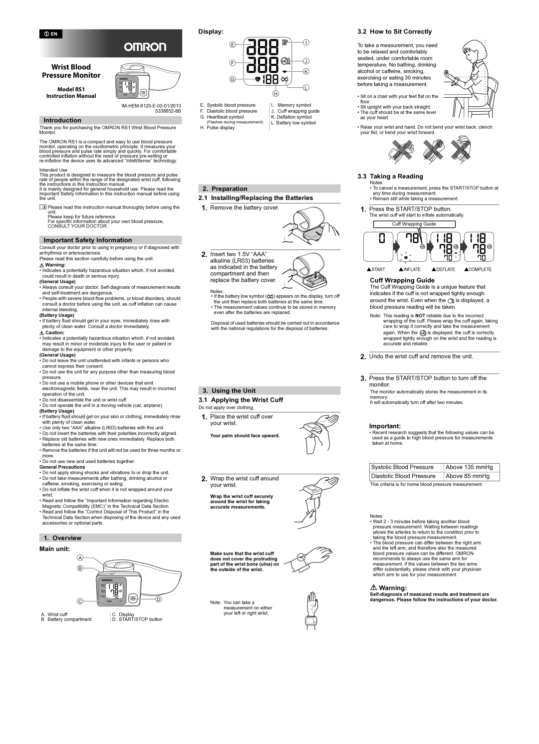 Omron RS1 instruction manual Introduction, Display, How to Sit Correctly, Important Safety Information, Overview Main unit 