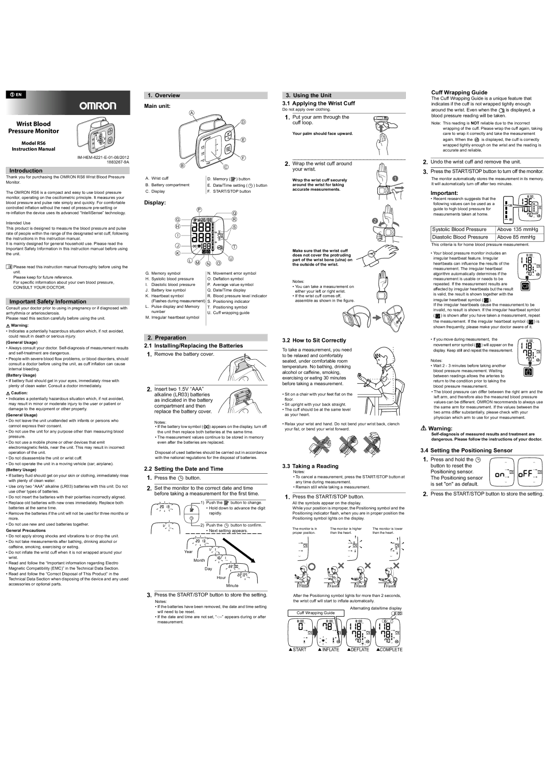 Omron RS6 instruction manual Overview Main unit Using the Unit Applying the Wrist Cuff, Cuff Wrapping Guide, Introduction 