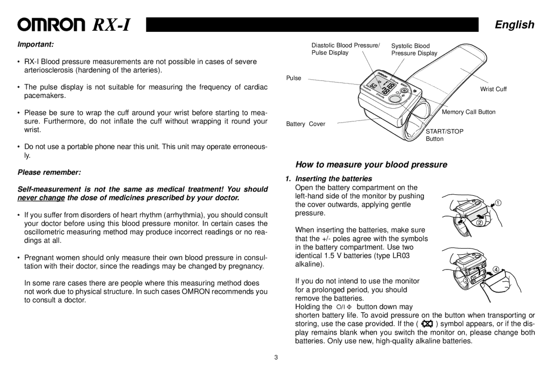 Omron RX-1 instruction manual How to measure your blood pressure, Inserting the batteries 